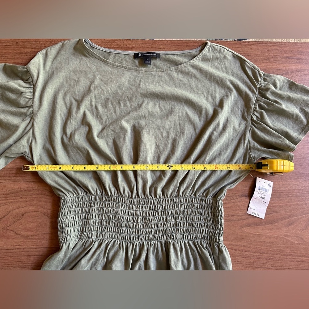 INC women’s sz large blouse, agave plant/moss green color, ruffle sleeves, NWT - Picture 5 of 5